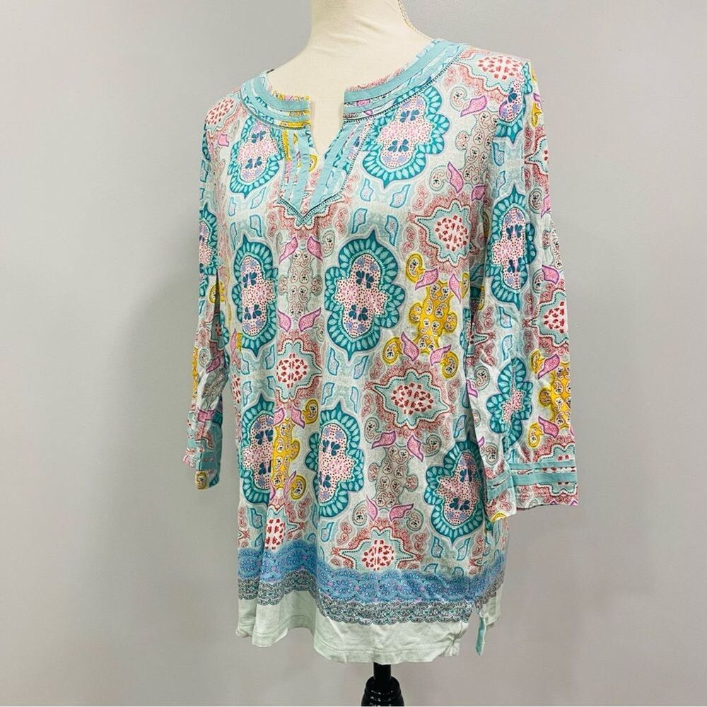 TALBOTS Petite L Moroccan Geo Split Neck Paisley 3/4 Sleeve Top Boho Art Spring